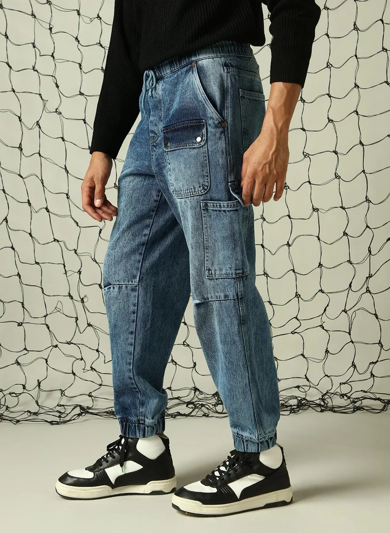هوبرهولمي Men's Indigo 100% Cotton Distressed Full Length Loose Fit Jeans