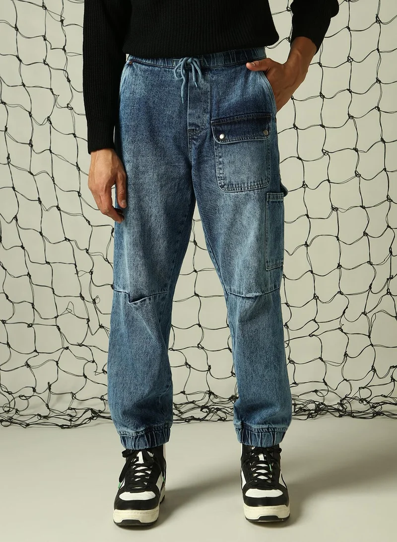 هوبرهولمي Men's Indigo 100% Cotton Distressed Full Length Loose Fit Jeans