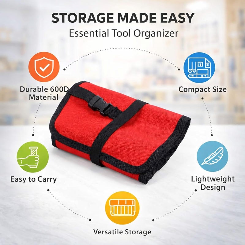 Portable Tool Bag Organizer, Multifunction Electricians Toolkit Pouch, 13.8x5.9 Inch Red - Durable 600D Polyester, Multiple Pockets, Compact Storage for Car and Garage (Red) - Image 4