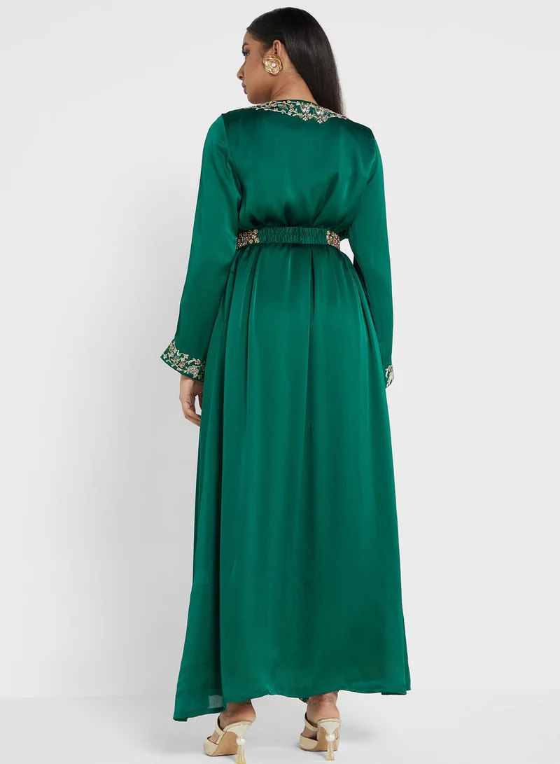 KASHKHA Embellished Belted Jalabiya