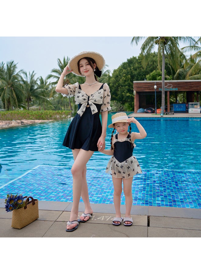 Loquat Parent-child Swimsuit Fashion Puff Sleeve erfly Slim-fit Slim Belly Covering Skirt Women's One-piece Swimsuit Children's Swimsuit-Color:Adult Qh- - Image 3