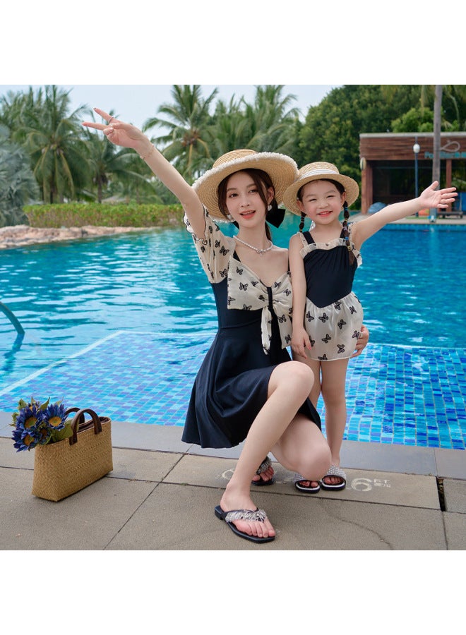 Loquat Parent-child Swimsuit Fashion Puff Sleeve erfly Slim-fit Slim Belly Covering Skirt Women's One-piece Swimsuit Children's Swimsuit-Color:Adult Qh- - Image 5