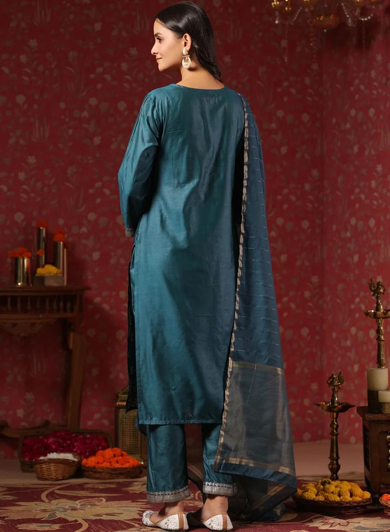 ISHIN Women's Teal Silk Printed Tunic Full Length Casual Regular Fit Kurta Set