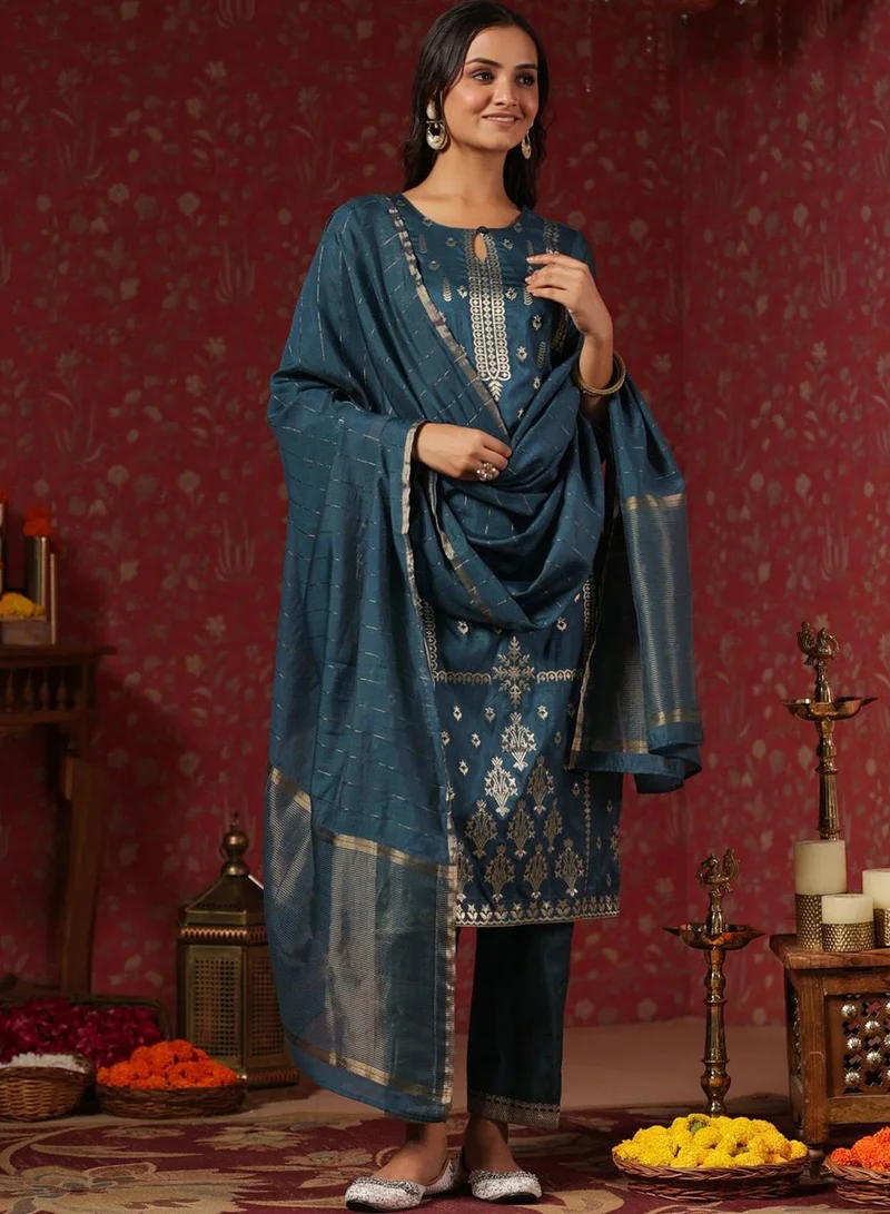 ISHIN Women's Teal Silk Printed Tunic Full Length Casual Regular Fit Kurta Set