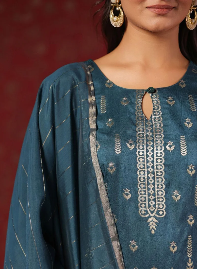 ISHIN Women's Teal Silk Printed Tunic Full Length Casual Regular Fit Kurta Set
