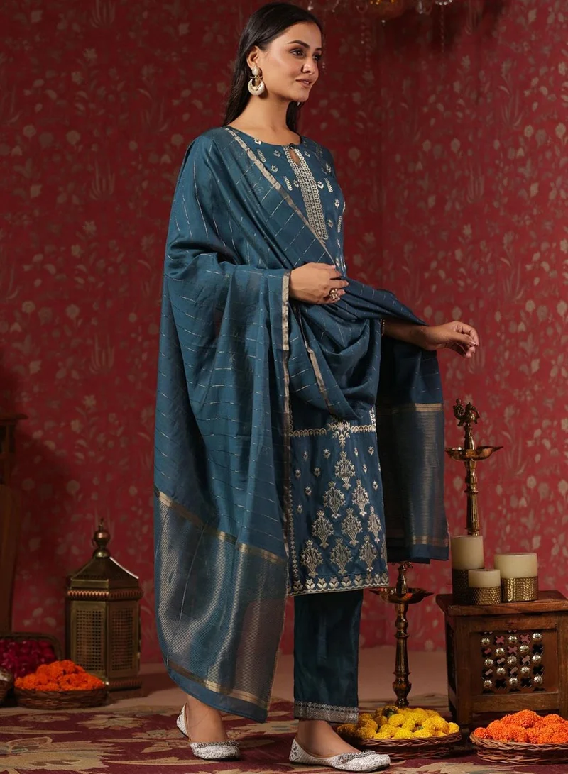 ISHIN Women's Teal Silk Printed Tunic Full Length Casual Regular Fit Kurta Set