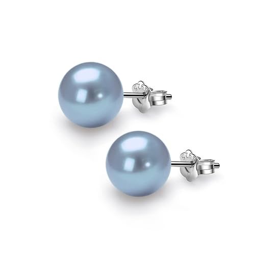 HIGHSPARK 925 Silver Classic Pearl Earrings for Women | 92.5 Sterling Silver & Brilliant Lustre Pearls | Lovely Gift for Women - Pearl Light Blue 10mm - Image 1