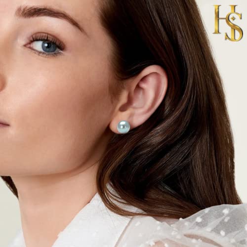 HIGHSPARK 925 Silver Classic Pearl Earrings for Women | 92.5 Sterling Silver & Brilliant Lustre Pearls | Lovely Gift for Women - Pearl Light Blue 10mm - Image 3