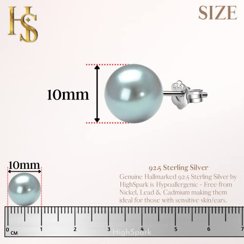 HIGHSPARK 925 Silver Classic Pearl Earrings for Women | 92.5 Sterling Silver & Brilliant Lustre Pearls | Lovely Gift for Women - Pearl Light Blue 10mm - Image 2