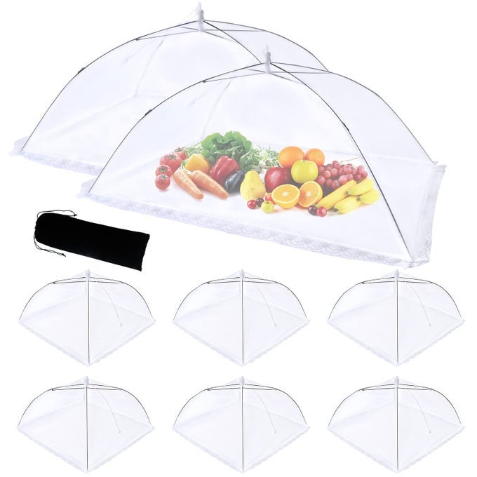 8 PACK FOOD TENTS FOOD COVERS FOR OUTSIDE MESH SCREEN INCLUDE 2 EXTRA LARGE 40X 24 6 STANDARD 17X 17 COLLAPSIBLE AND REUSABLE MESH FOOD COVERS FOR OUTDOORS FRUIT COVER