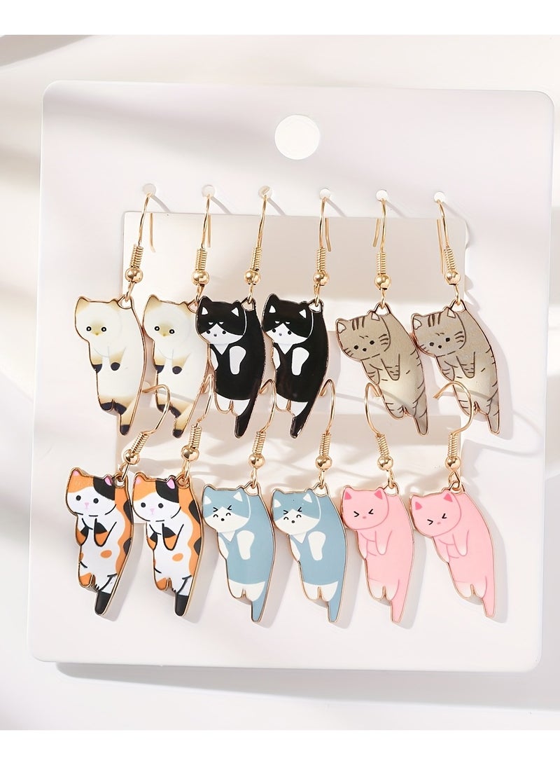 6 أزواج من أقراط متدلية بتصميم قط كرتوني غريب الأطوار - مجوهرات ملونة من سبائك الزنك بتفاصيل رائعة - هدية مثالية للنساء والفتيات من جميع الأعمار - Image 4