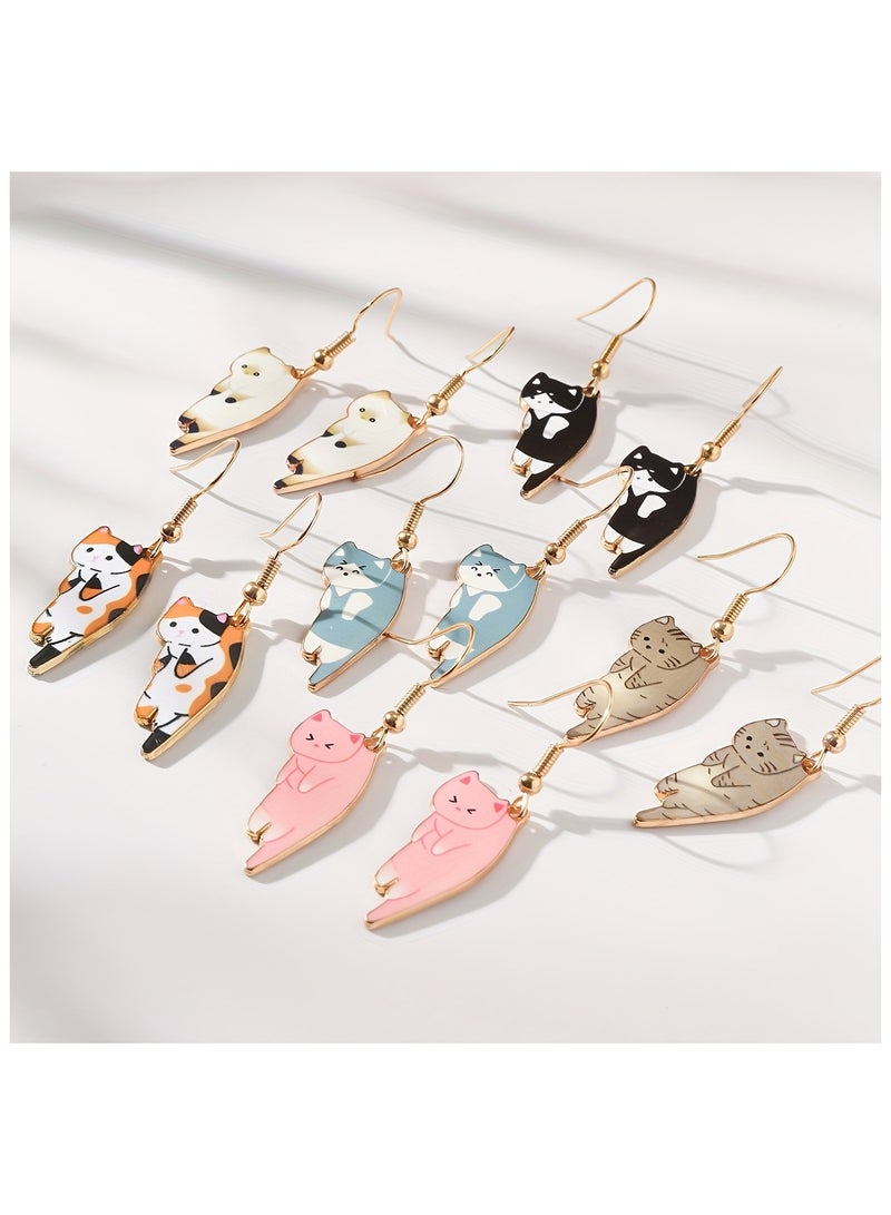6 أزواج من أقراط متدلية بتصميم قط كرتوني غريب الأطوار - مجوهرات ملونة من سبائك الزنك بتفاصيل رائعة - هدية مثالية للنساء والفتيات من جميع الأعمار - Image 2