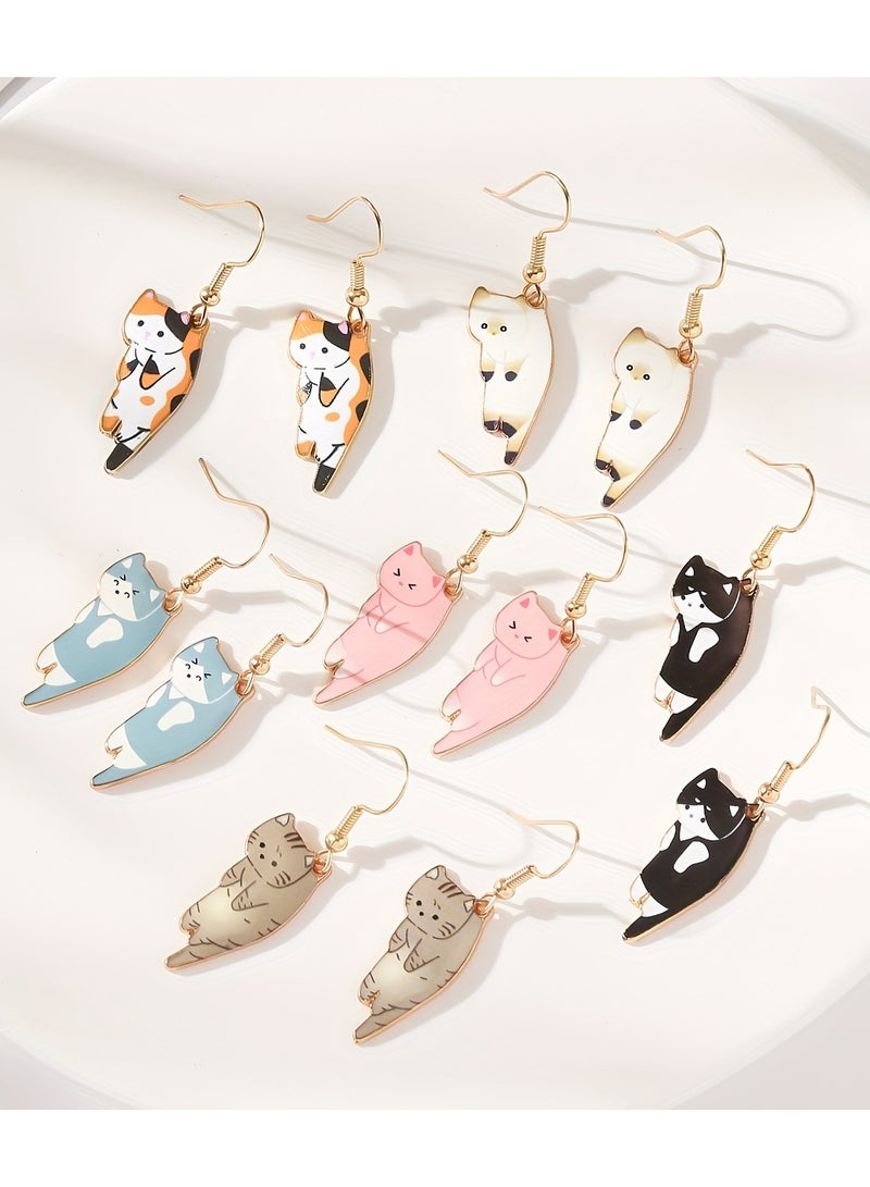 6 أزواج من أقراط متدلية بتصميم قط كرتوني غريب الأطوار - مجوهرات ملونة من سبائك الزنك بتفاصيل رائعة - هدية مثالية للنساء والفتيات من جميع الأعمار - Image 3