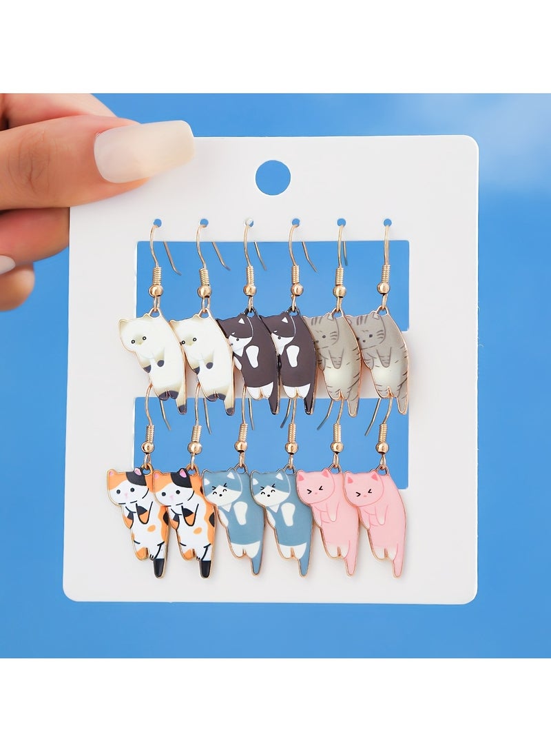 6 أزواج من أقراط متدلية بتصميم قط كرتوني غريب الأطوار - مجوهرات ملونة من سبائك الزنك بتفاصيل رائعة - هدية مثالية للنساء والفتيات من جميع الأعمار - Image 5