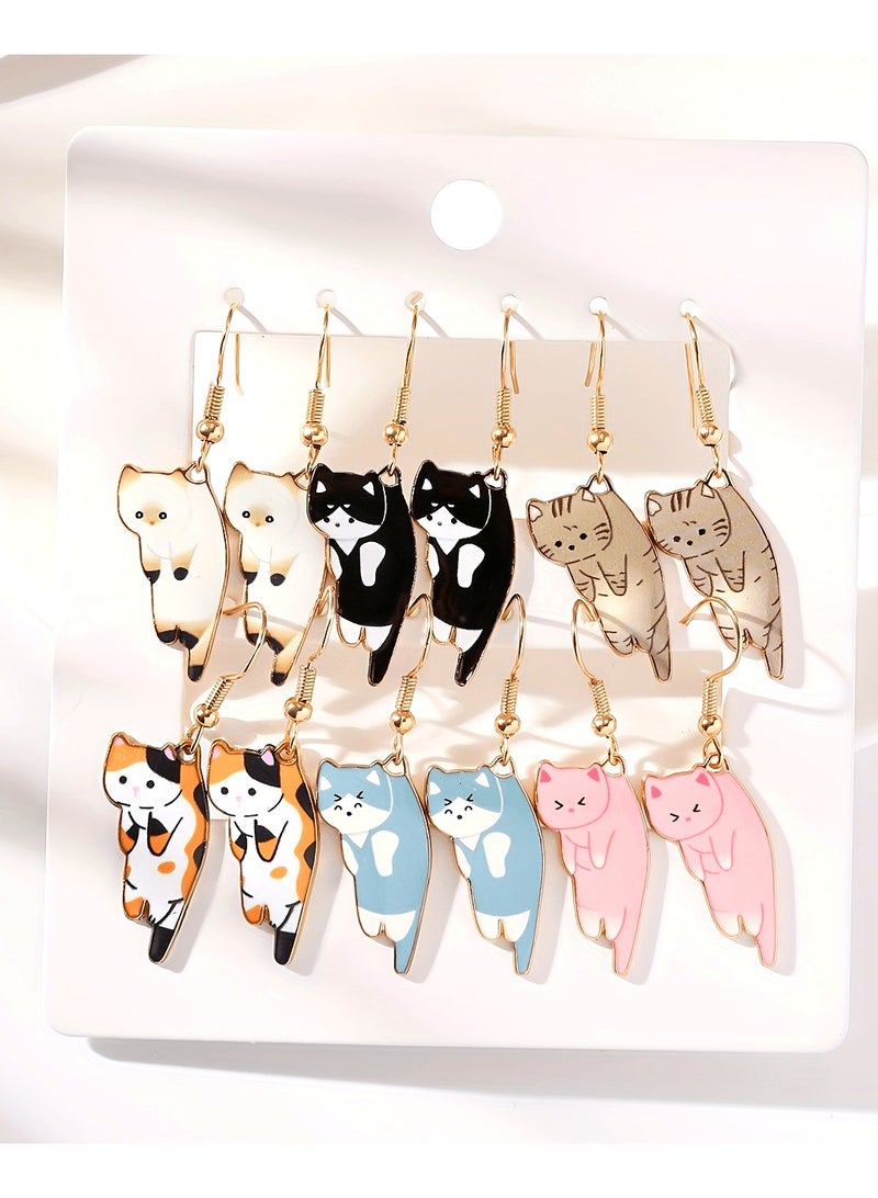 6 أزواج من أقراط متدلية بتصميم قط كرتوني غريب الأطوار - مجوهرات ملونة من سبائك الزنك بتفاصيل رائعة - هدية مثالية للنساء والفتيات من جميع الأعمار - Image 1