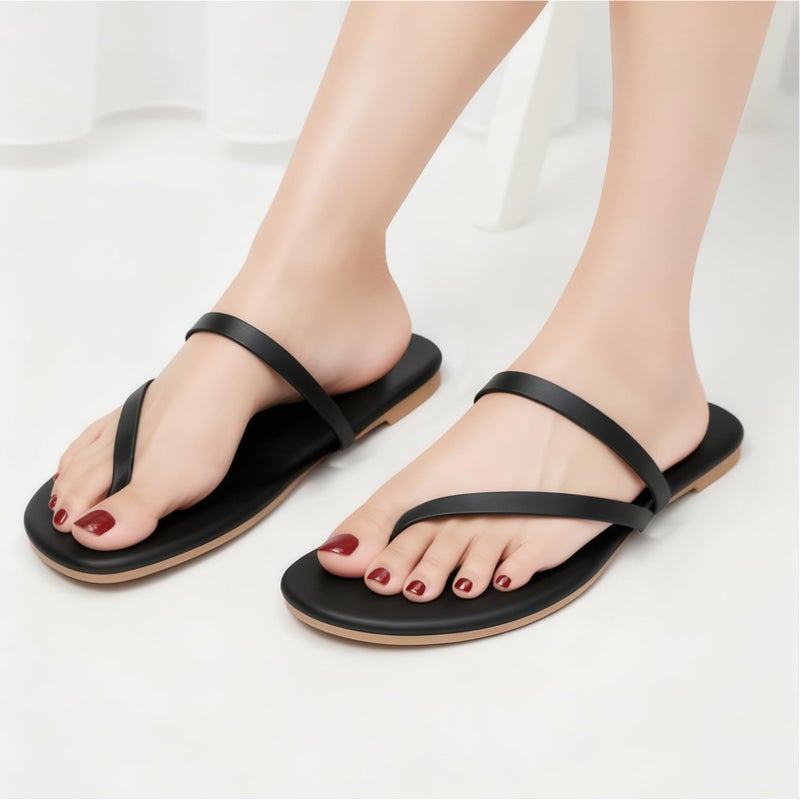 FITORY Womens Flip Flops, Strappy Open Toe Flat Sandals for Summer 2026, Lightweight and Comfortable Slides for Beach and Casual Walking, Indoor and Outdoor Black Size 9 - Image 2