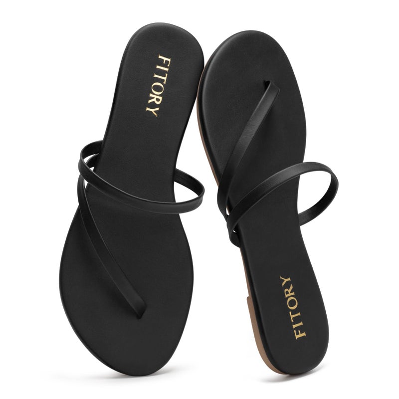 FITORY Womens Flip Flops, Strappy Open Toe Flat Sandals for Summer 2026, Lightweight and Comfortable Slides for Beach and Casual Walking, Indoor and Outdoor Black Size 9 - Image 1