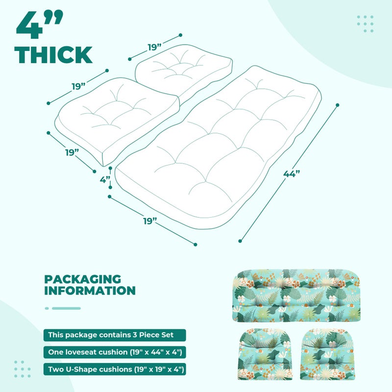DANGHOOGY Wicker Chair Cushions, Waterproof Outdoor Loveseat Cushions for Patio Furniture, Tufted Wicker Furniture Cushions, 1 Loveseat and 2 U-Shaped Cushions (Cyan Flower) - Image 2