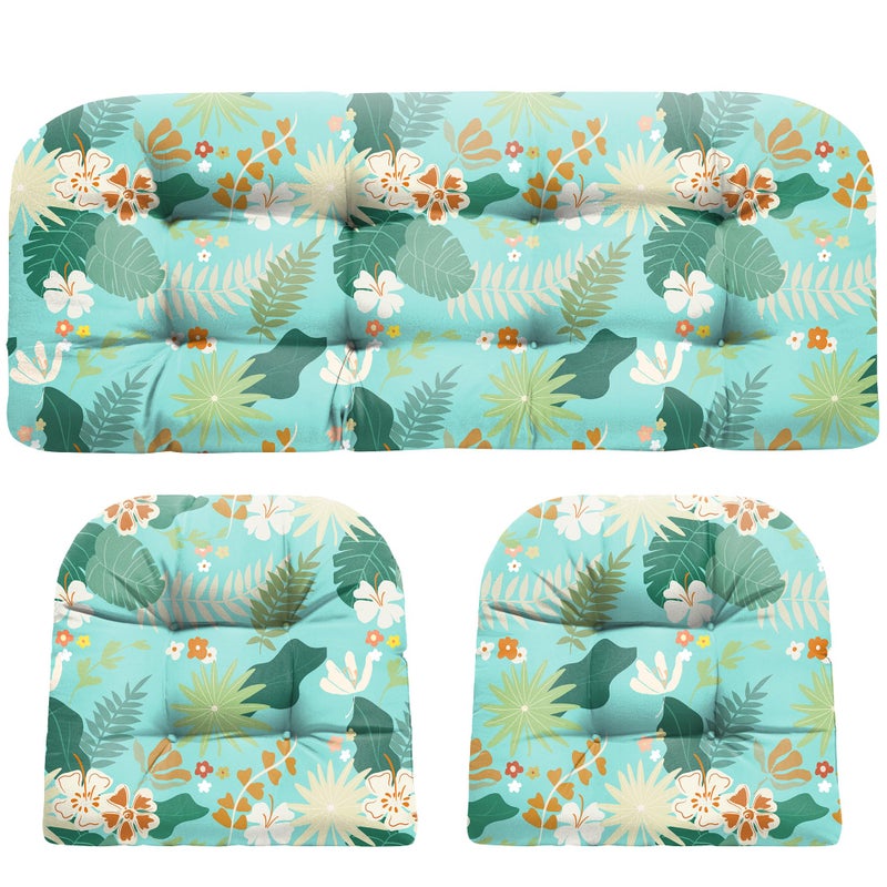 DANGHOOGY Wicker Chair Cushions, Waterproof Outdoor Loveseat Cushions for Patio Furniture, Tufted Wicker Furniture Cushions, 1 Loveseat and 2 U-Shaped Cushions (Cyan Flower) - Image 1