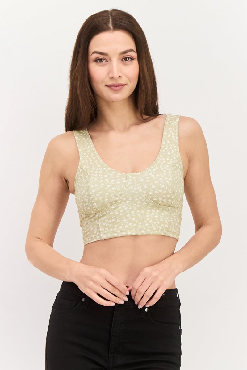 MONKI Women Scoop Neck Sleeveless Floral Print Crop Top, Green - Image 1