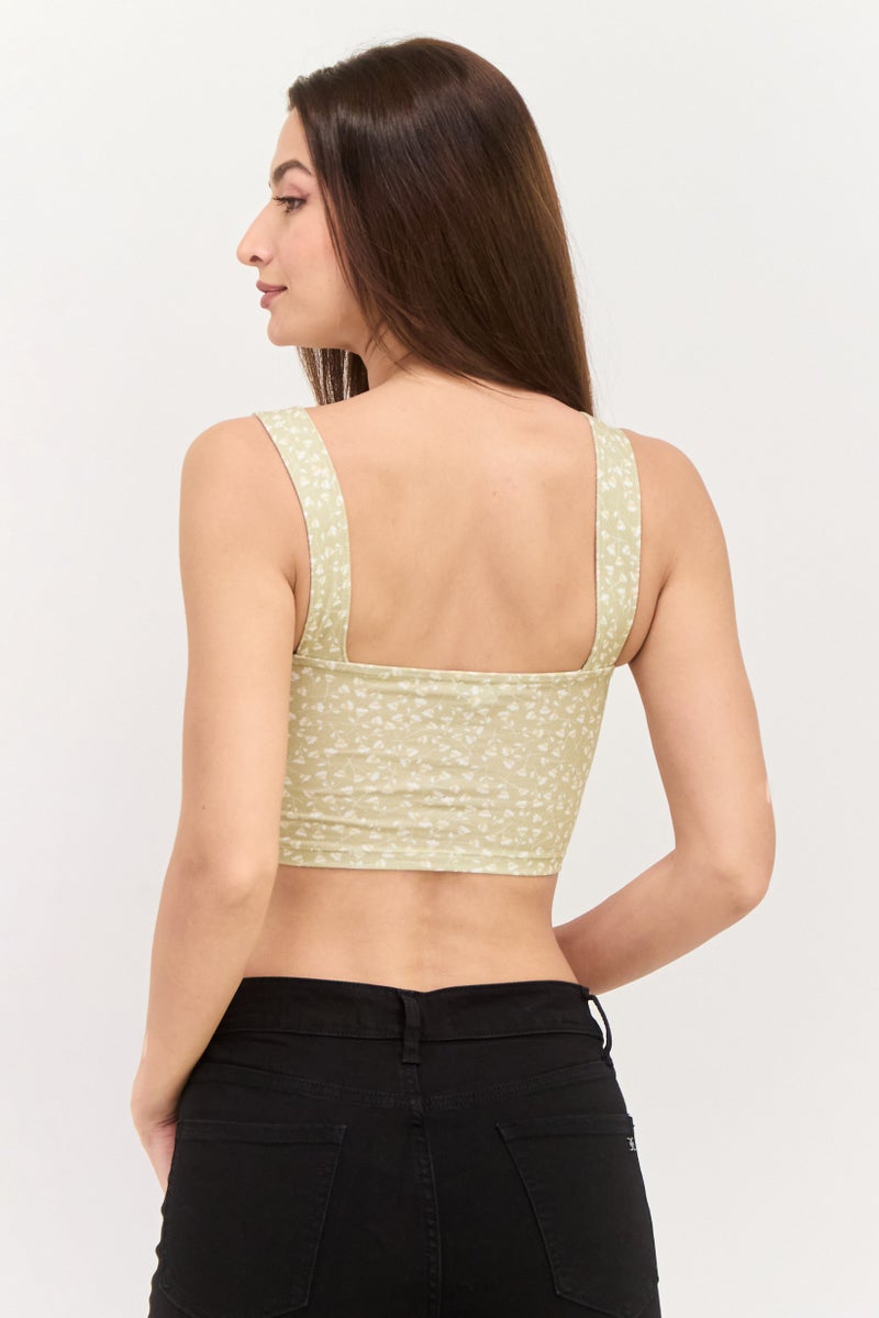 MONKI Women Scoop Neck Sleeveless Floral Print Crop Top, Green - Image 2