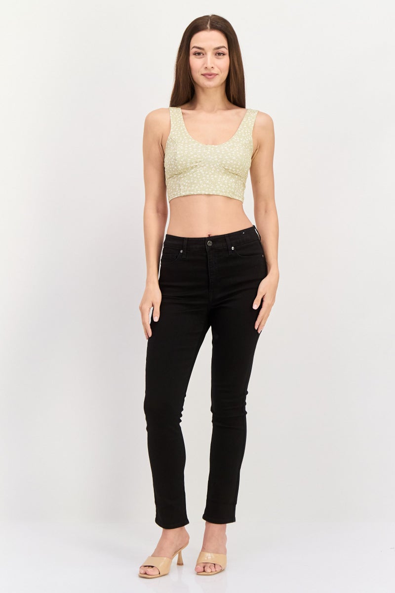 MONKI Women Scoop Neck Sleeveless Floral Print Crop Top, Green - Image 2