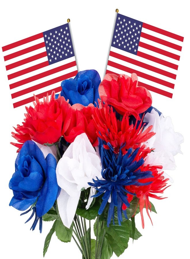 ZAUGONTW 12 Stems Patriotic Memorial Bouquet Artificial Blooming Chrysanthemum, Thank You Veterans Roses with American Flags, Artificial Full Blooming Flowers for Memorial Day, Red/Blue/White - Image 1