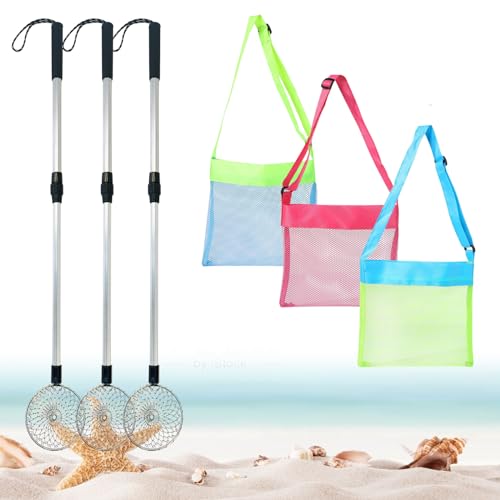 Hlimior 6Pcs Beach Sand Sifter Adjustable Shark Teeth Sifter Shell Shovel Rock Scooper with Shell Collecting Bag Beach Scoop Shovel and Sifter Tool for Picking Up Shells Beachcombing Rock Hunting - Image 1