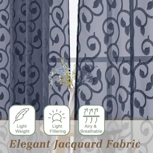 WelvetBLK Navy Blue Valances for Windows, Solid Geometric Jacquard Clip Short Sheer Curtains for Kitchen Living Room Bedroom Basement Window Curtains, Dual Rod Pocket Decor, 2 Pcs 42" Wx14 L Inch - Image 3