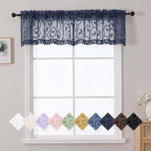 WelvetBLK Navy Blue Valances for Windows, Solid Geometric Jacquard Clip Short Sheer Curtains for Kitchen Living Room Bedroom Basement Window Curtains, Dual Rod Pocket Decor, 2 Pcs 42" Wx14 L Inch - Image 1