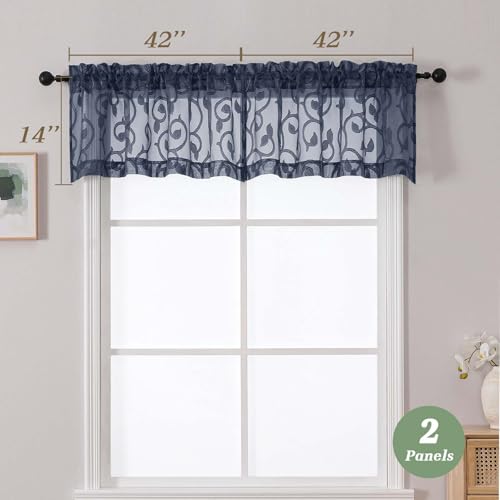 WelvetBLK Navy Blue Valances for Windows, Solid Geometric Jacquard Clip Short Sheer Curtains for Kitchen Living Room Bedroom Basement Window Curtains, Dual Rod Pocket Decor, 2 Pcs 42" Wx14 L Inch - Image 5