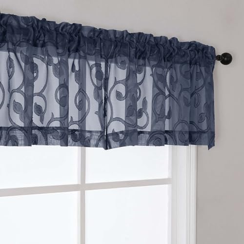 WelvetBLK Navy Blue Valances for Windows, Solid Geometric Jacquard Clip Short Sheer Curtains for Kitchen Living Room Bedroom Basement Window Curtains, Dual Rod Pocket Decor, 2 Pcs 42" Wx14 L Inch - Image 2