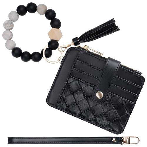 Airkit Keychain Wallet with Bracelet RFID Blocking Wristlet Credit Purse Card Holder, Silicone Bead Tassel Key Ring for Women - Image 1
