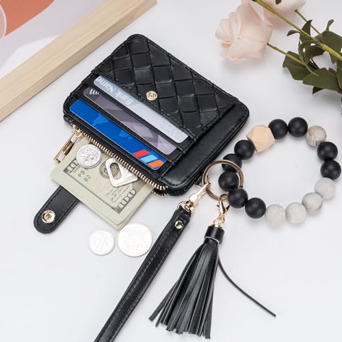 Airkit Keychain Wallet with Bracelet RFID Blocking Wristlet Credit Purse Card Holder, Silicone Bead Tassel Key Ring for Women - Image 3