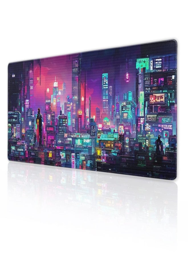 aportt Retro Japanese Anime Gaming Mouse Pad XL Cool Dark Purple Red Vaporwave City Extended Large Desk Mat Big Mousepad Non-Slip Rubber Base Stitched Edge Long Desk Pad for Desktop Computer,31.5×11.8 in - Image 1