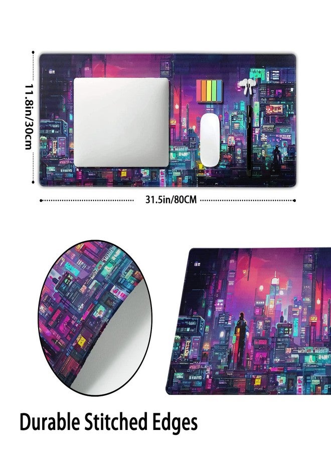 aportt Retro Japanese Anime Gaming Mouse Pad XL Cool Dark Purple Red Vaporwave City Extended Large Desk Mat Big Mousepad Non-Slip Rubber Base Stitched Edge Long Desk Pad for Desktop Computer,31.5×11.8 in - Image 2