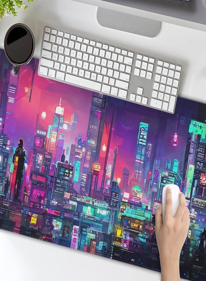 aportt Retro Japanese Anime Gaming Mouse Pad XL Cool Dark Purple Red Vaporwave City Extended Large Desk Mat Big Mousepad Non-Slip Rubber Base Stitched Edge Long Desk Pad for Desktop Computer,31.5×11.8 in - Image 5