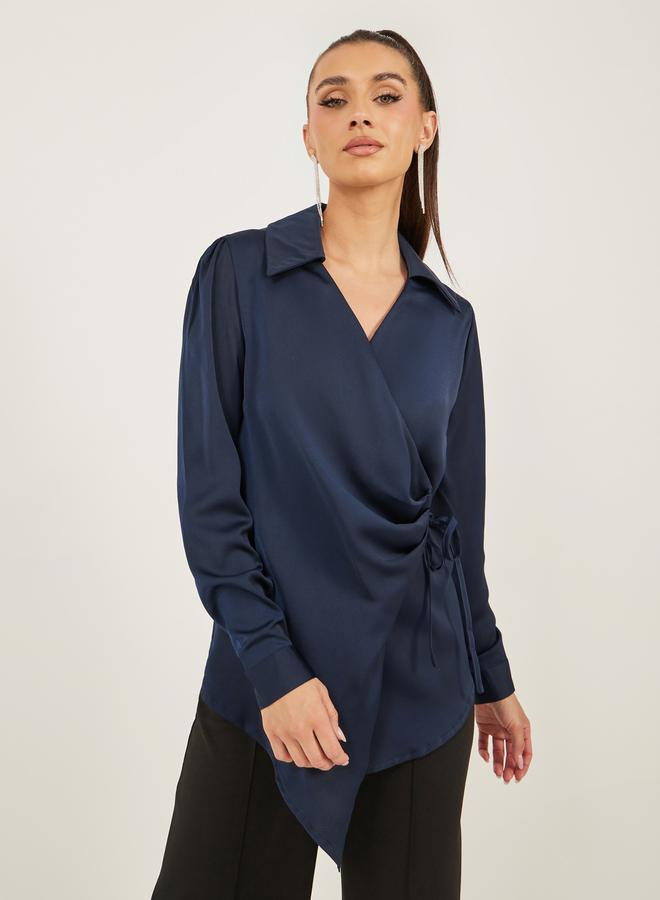 Styli Satin Tie-Up Waist Wrap Longline Top - Image 1