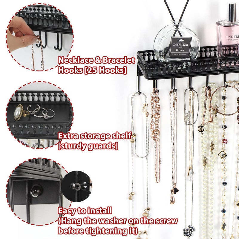 J JACKCUBE DESIGN Wall Mounted Black Metal Jewelry Hanger, Necklace Display Storage Holder with Tray and 25 Hooks for Necklace Earrings Bracelet Ring Watch - MK621A - Image 2