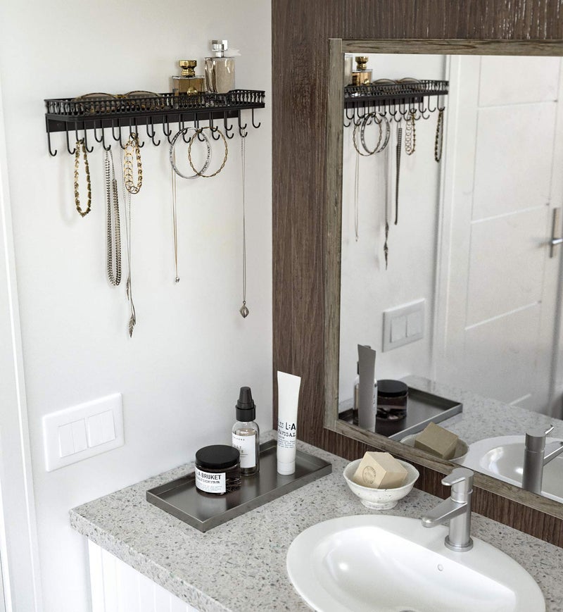 J JACKCUBE DESIGN Wall Mounted Black Metal Jewelry Hanger, Necklace Display Storage Holder with Tray and 25 Hooks for Necklace Earrings Bracelet Ring Watch - MK621A - Image 3