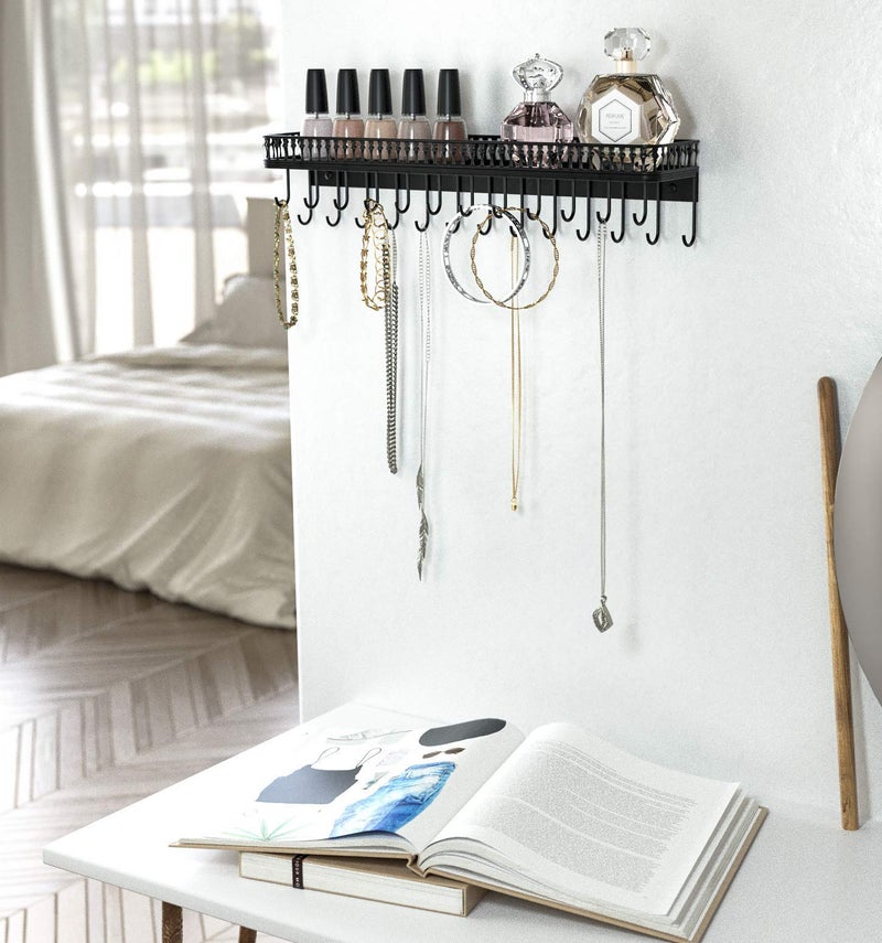 J JACKCUBE DESIGN Wall Mounted Black Metal Jewelry Hanger, Necklace Display Storage Holder with Tray and 25 Hooks for Necklace Earrings Bracelet Ring Watch - MK621A - Image 4