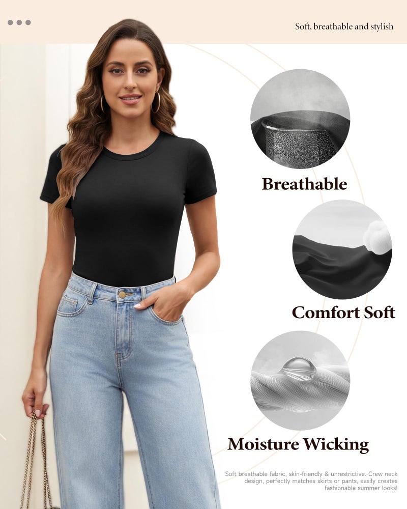 TNNZEET Black Body Suits for Womens - Short Sleeve Round Neck T Shirts Tummy Control Compression Tops Casual Outfits XX-Large - Image 3