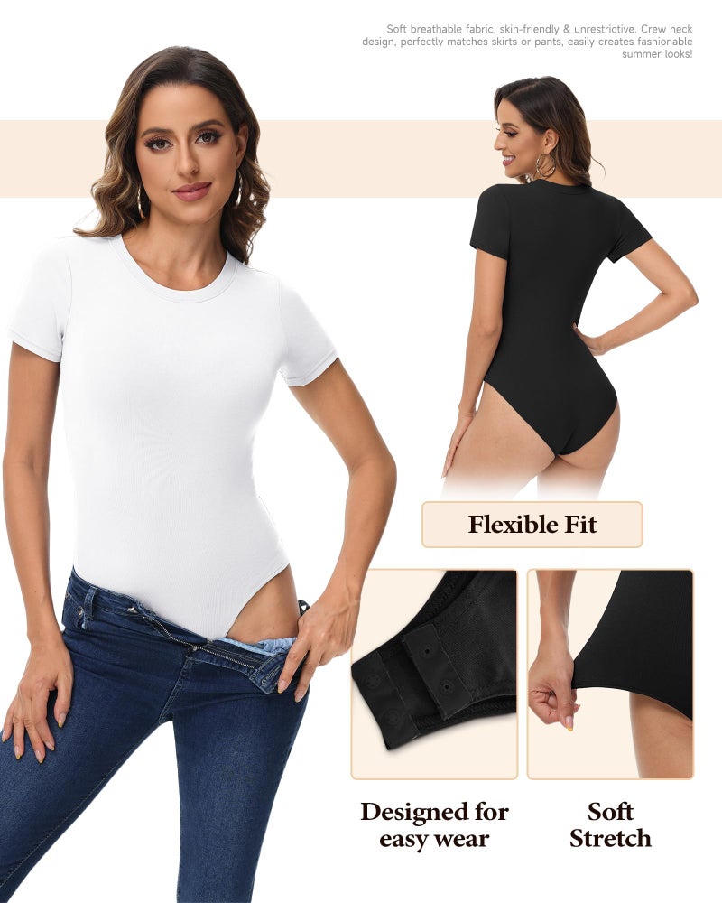 TNNZEET Black Body Suits for Womens - Short Sleeve Round Neck T Shirts Tummy Control Compression Tops Casual Outfits XX-Large - Image 2