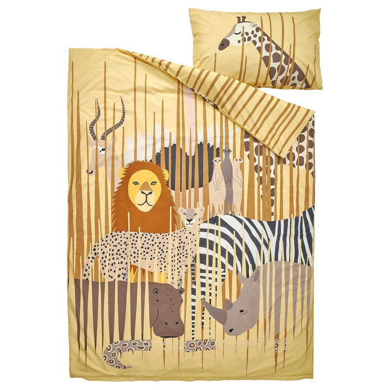 Baitique Kids Duvet Cover and Pillowcase Set, Yellow Savannah Animals, 150x200/50x80 cm - Image 2