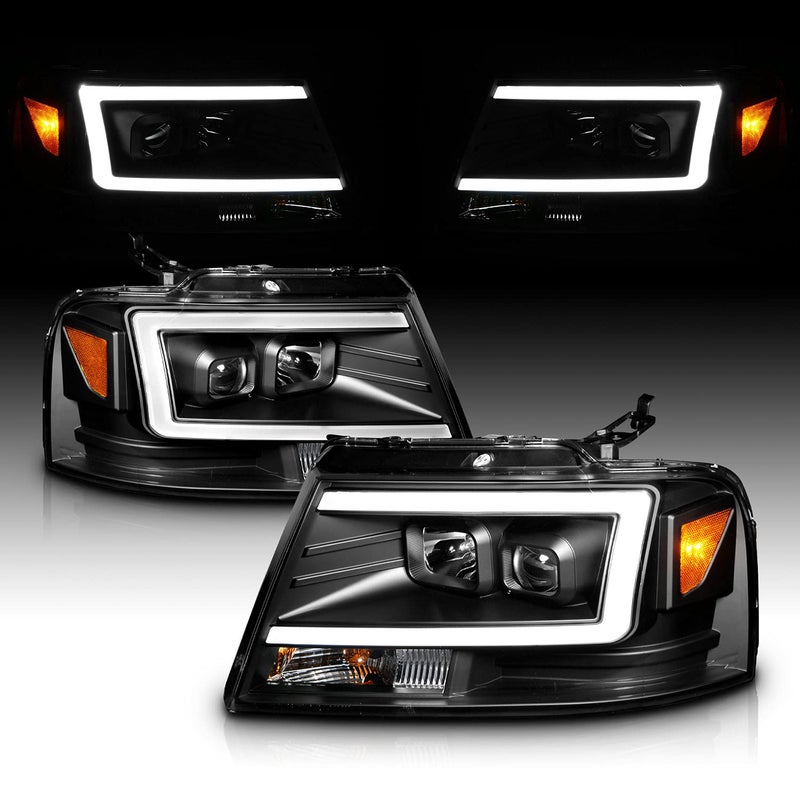 AmeriLite For 20042008 Ford F150 Truck CType LED Tube Square Black Projector Headlights Assembly Pair Driver and Passenger