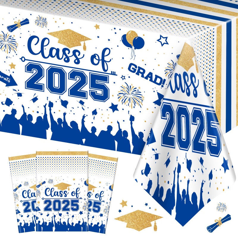 Graduation Decorations Class of 2025 Tablecloth  3 Pcs Plastic Congrats Grad Table Cloth Graduation Table Cover for Graduations Party Decorations 2025 and Party Supplies 54x108 Blue and Gold