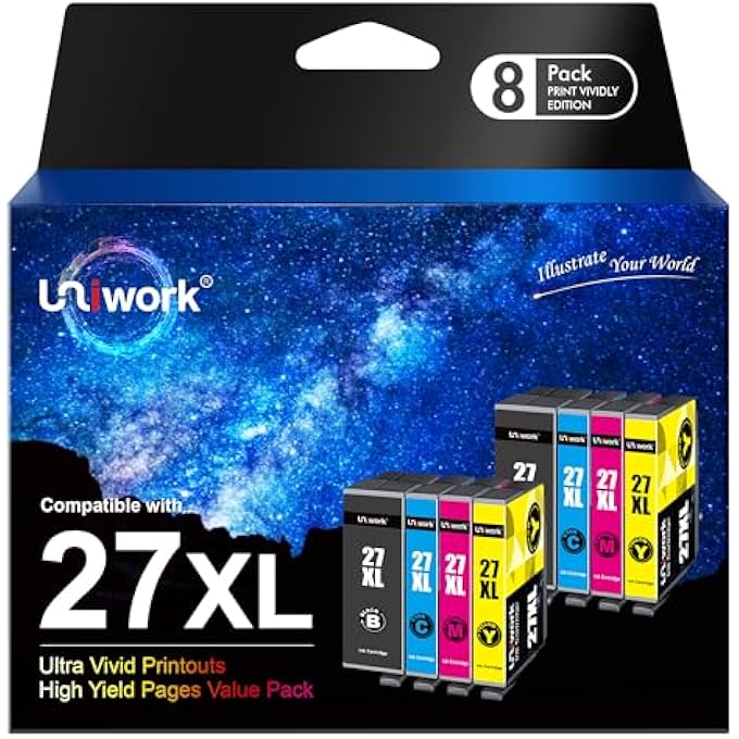 27XL MULTIPACK PRINTER CARTRIDGES COMPATIBLE FOR EPSON 27 XL WORKFORCE WF-3620 WF-3640 WF-7110 WF-7210 WF-7610 WF-7620 WF-7710 WF-7715 WF-7720 (8-PACK), PACKAGING MAY VARY - Image 1