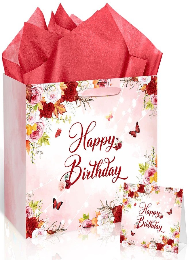 Woosytoo Burgundy Floral Birthday Gift Bag for Women Spring Rose Gift Bag with Tissue Paper and Card Happy Birthday Gift Wrapping Paper for Women Girls Valentines Day Decor Wedding Decorations Bridal Shower Favors - Image 1