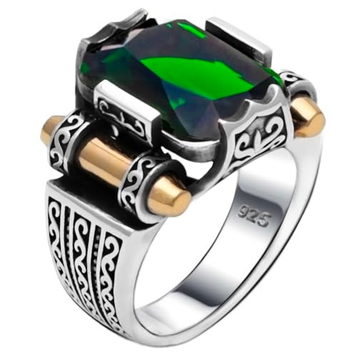 Babylon Silver Genuine Solid 925 Sterling Silver Ring for Men, Accented with Bronze, Faceted Simulated Green Emerald Stone, Vintage Turkish Ottoman Style (Simulated Emerald, 8) - Image 5