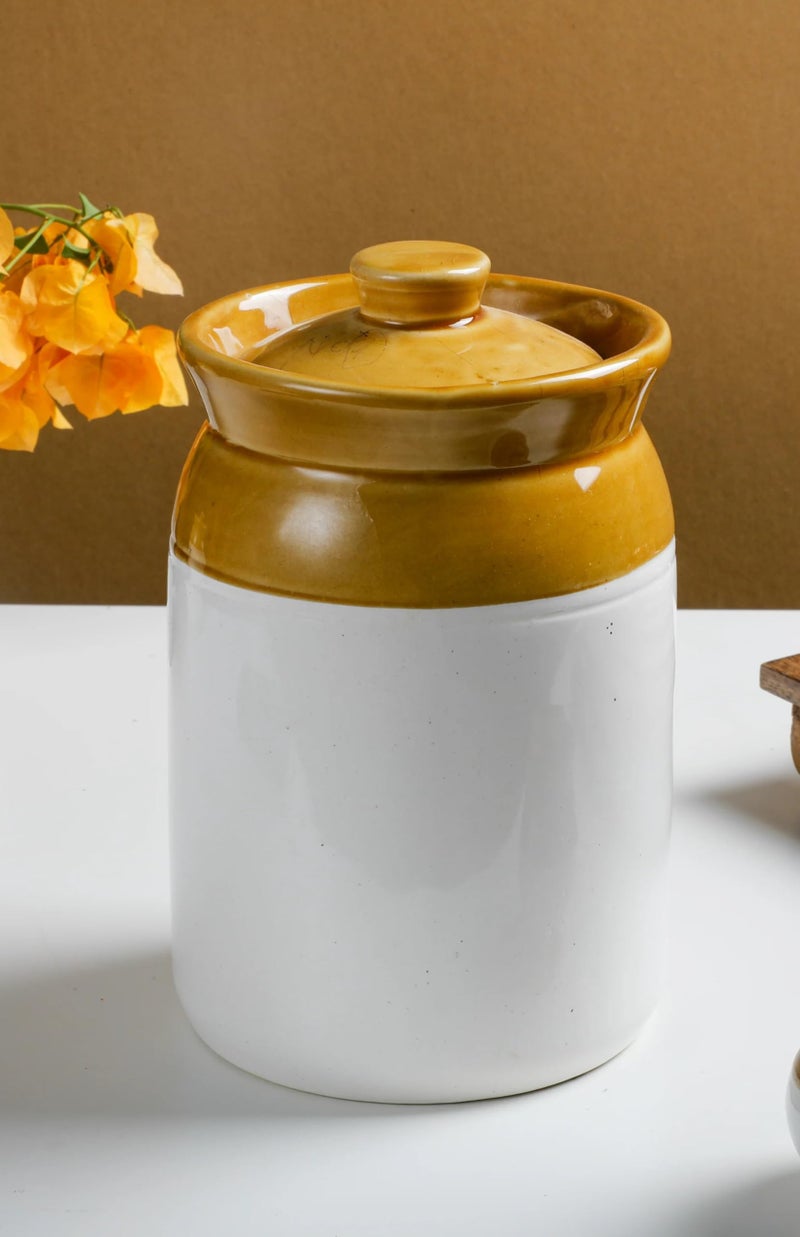 Mkd2 Rise Clay Used Pottery Hand Painted Ceramic Pickle Jars 2kg, (Cream, Set of 2 pcs) Cornichon Storage Jar for Spices, Masala, Achar, Pickles - Image 2